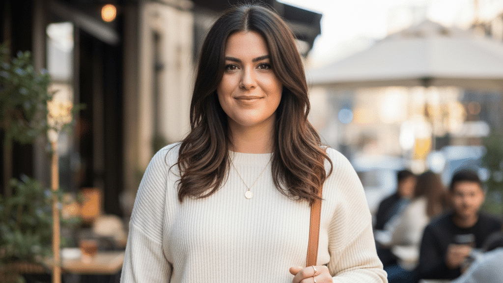 Woman in casual outfit with brown bag walking outdoors near a cafe.
