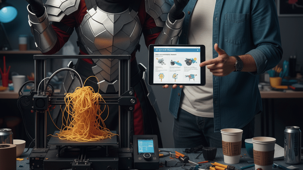 image Cosplayer in armor frustrated with failed 3D print, while a man shows solutions on a tablet in a cluttered workshop. | Sky Rye Design Cosplayer in armor frustrated with failed 3D print, while a man shows solutions on a tablet in a cluttered workshop.