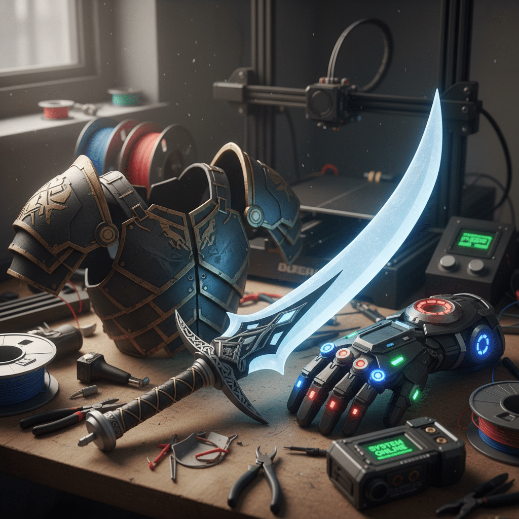image Futuristic sword, armor, and gauntlet on a workbench with 3D printer tools in a creative workshop setting. | Sky Rye Design Futuristic sword, armor, and gauntlet on a workbench with 3D printer tools in a creative workshop setting.