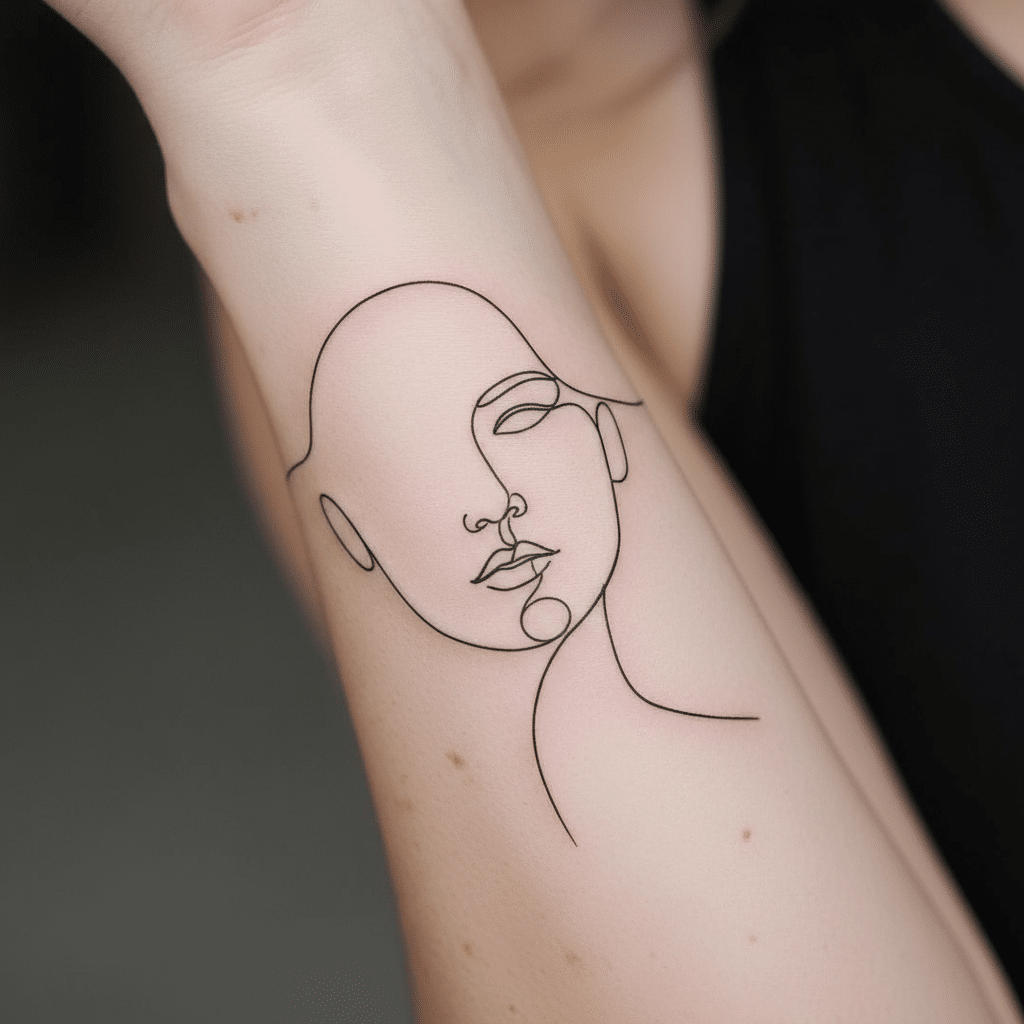 image Minimalist line art tattoo of a face on a wrist, showcasing creativity and modern tattoo design. | Sky Rye Design Minimalist line art tattoo of a face on a wrist, showcasing creativity and modern tattoo design.