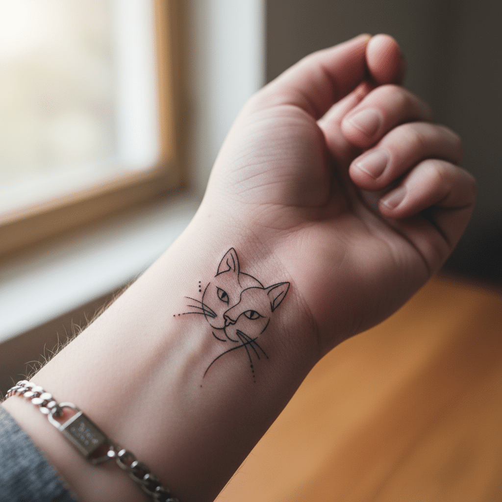 image Simple cat line tattoo on a wrist, showcasing minimalist ink art. | Sky Rye Design Simple cat line tattoo on a wrist, showcasing minimalist ink art.