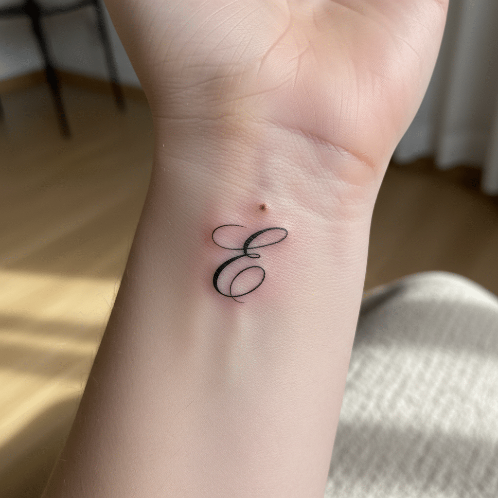 image Elegant cursive 'E' tattoo on wrist, showcasing minimalist and delicate design. | Sky Rye Design Elegant cursive 'E' tattoo on wrist, showcasing minimalist and delicate design.