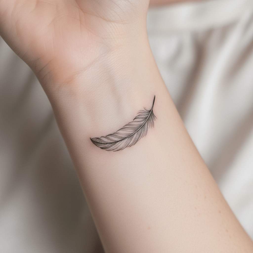 image Delicate feather tattoo on wrist, symbolizing lightness and freedom. Minimalist black ink design on light skin. | Sky Rye Design Delicate feather tattoo on wrist, symbolizing lightness and freedom. Minimalist black ink design on light skin.