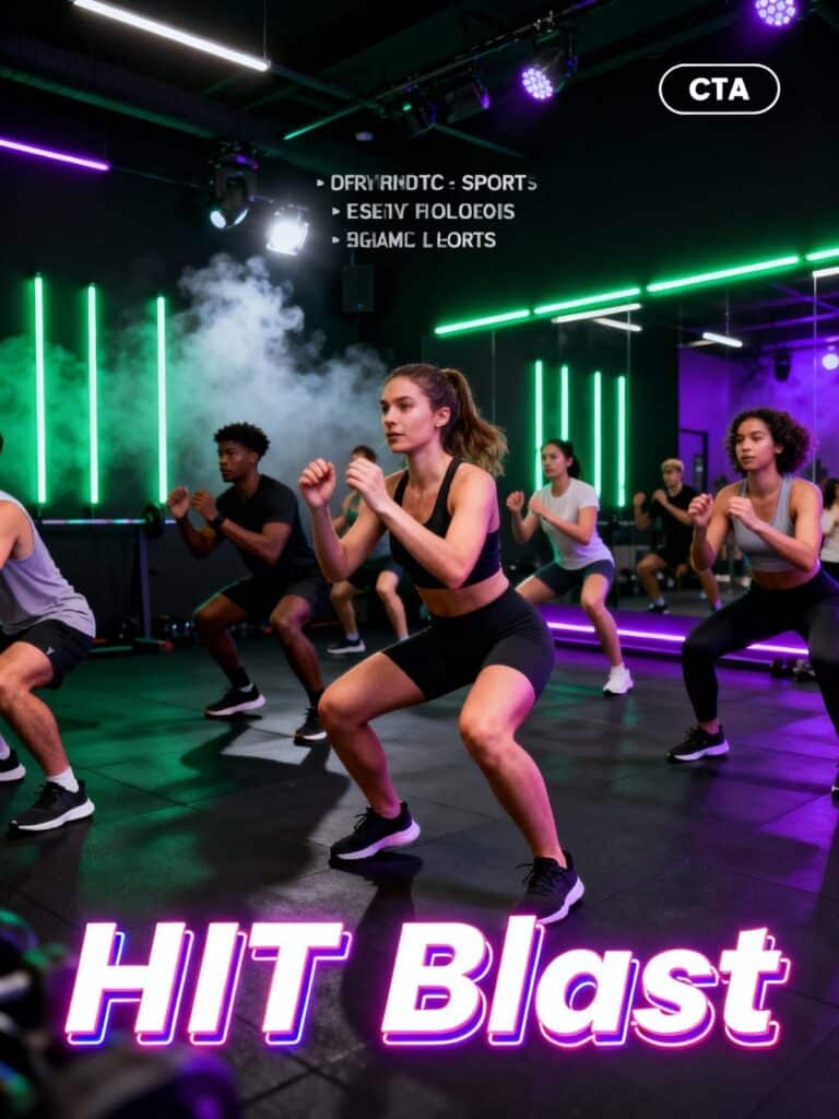 image Group fitness class performing HIIT exercises in a neon-lit gym. People doing squats with intensity and focus. | Sky Rye Design Group fitness class performing HIIT exercises in a neon-lit gym. People doing squats with intensity and focus.