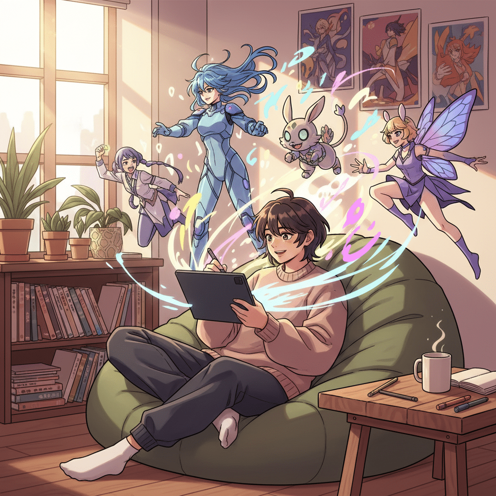 image Person drawing fantasy characters on tablet while relaxing, surrounded by plants and books in cozy room. | Sky Rye Design Person drawing fantasy characters on tablet while relaxing, surrounded by plants and books in cozy room.