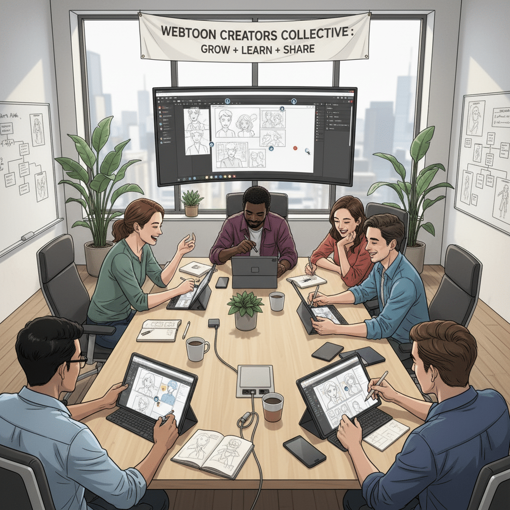 image Webtoon creators collaborate on tablets in a well-lit studio, brainstorming and sketching comic panels. | Sky Rye Design Webtoon creators collaborate on tablets in a well-lit studio, brainstorming and sketching comic panels.