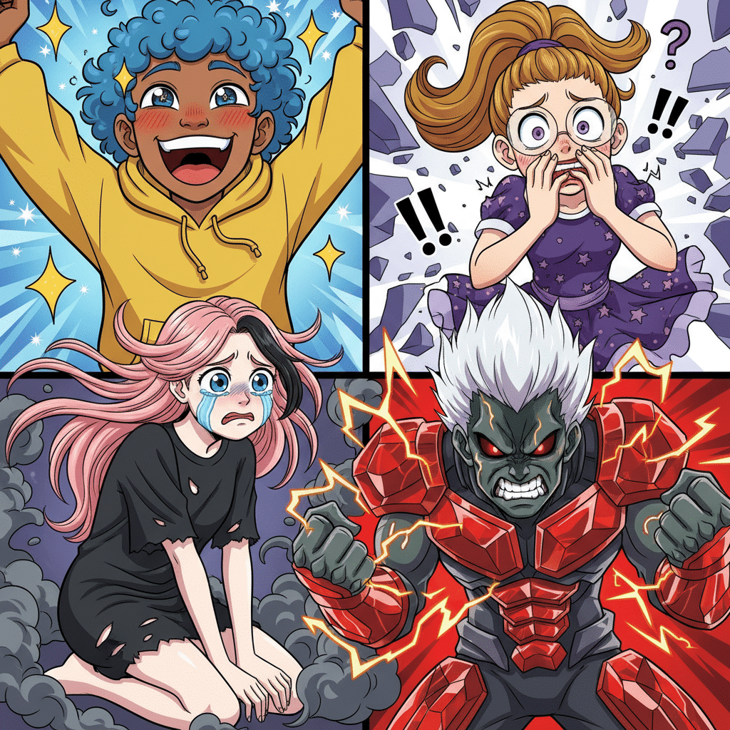 image Four anime characters showing diverse emotions: joy, shock, sadness, and anger, depicted in colorful panels. | Sky Rye Design Four anime characters showing diverse emotions: joy, shock, sadness, and anger, depicted in colorful panels.