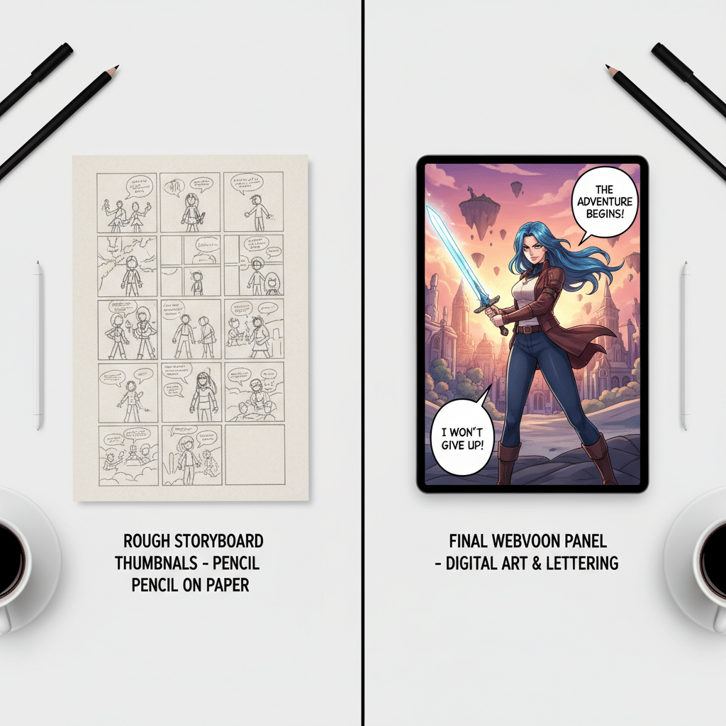 image Storyboard sketches next to a vibrant digital webtoon panel featuring a determined character with a glowing sword. | Sky Rye Design Storyboard sketches next to a vibrant digital webtoon panel featuring a determined character with a glowing sword.
