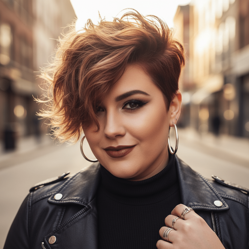 Stylish woman with short, curly hair in a leather jacket, smiling confidently on a city street.