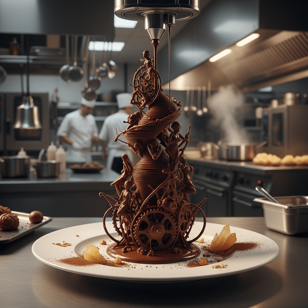 image Elaborate chocolate sculpture in gourmet kitchen with chefs preparing food. | Sky Rye Design Elaborate chocolate sculpture in gourmet kitchen with chefs preparing food.