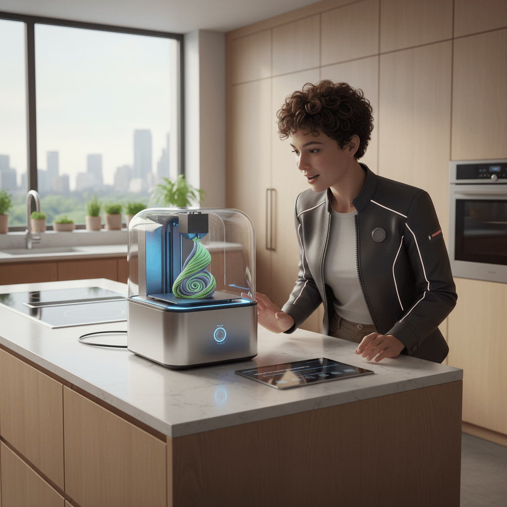 image Woman using a 3D printer in a modern kitchen creating a colorful design, with city skyline view. | Sky Rye Design Woman using a 3D printer in a modern kitchen creating a colorful design, with city skyline view.