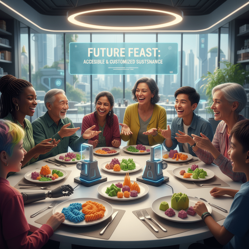image Diverse group enjoying a futuristic meal with 3D-printed colorful food in a modern dining setting. | Sky Rye Design Diverse group enjoying a futuristic meal with 3D-printed colorful food in a modern dining setting.