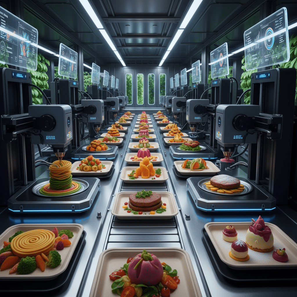 image Robotic kitchen with 3D printers crafting gourmet meals. Futuristic food technology in a modern culinary setup. | Sky Rye Design Robotic kitchen with 3D printers crafting gourmet meals. Futuristic food technology in a modern culinary setup.