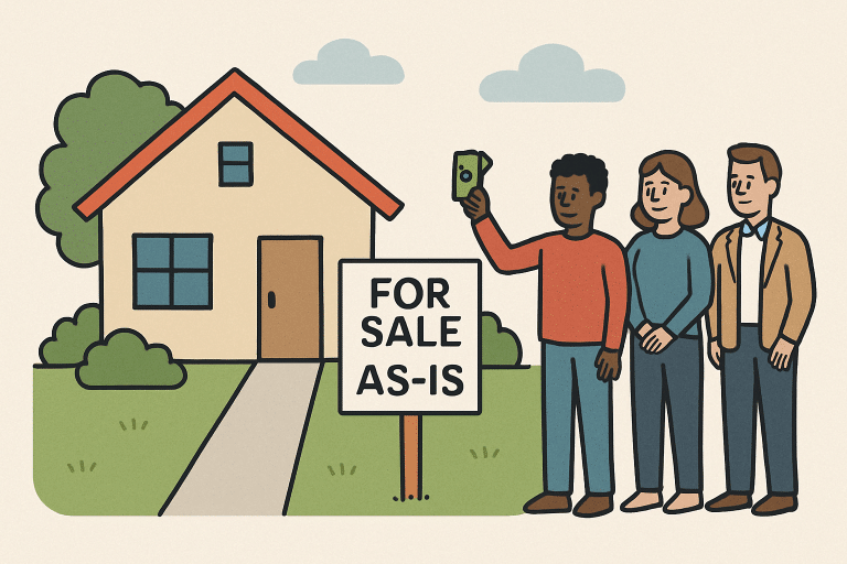 image Illustration of a diverse group inspecting a house for sale as-is, with one person holding money beside a sale sign. | Sky Rye Design Illustration of a diverse group inspecting a house for sale as-is, with one person holding money beside a sale sign.
