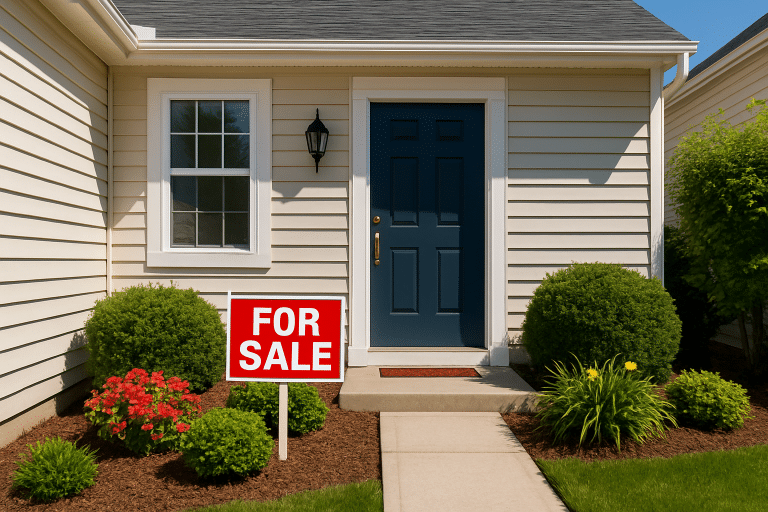 Cozy suburban house for sale with blue door and lush garden.