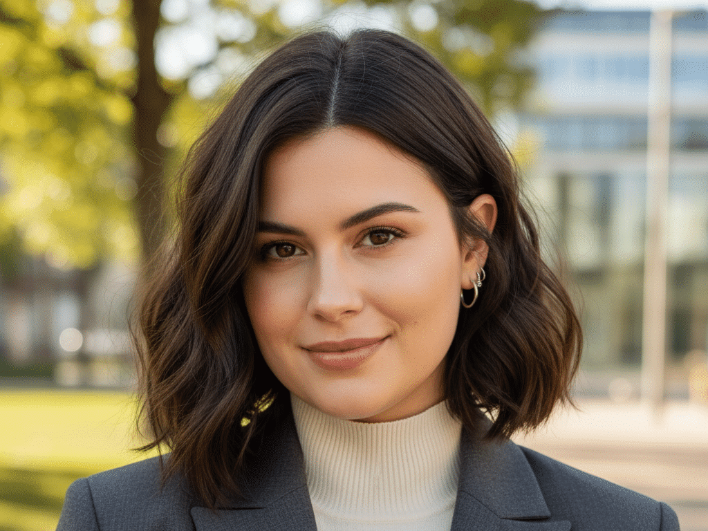 Businesswoman in a gray blazer smiling outdoors, with modern buildings in the background.