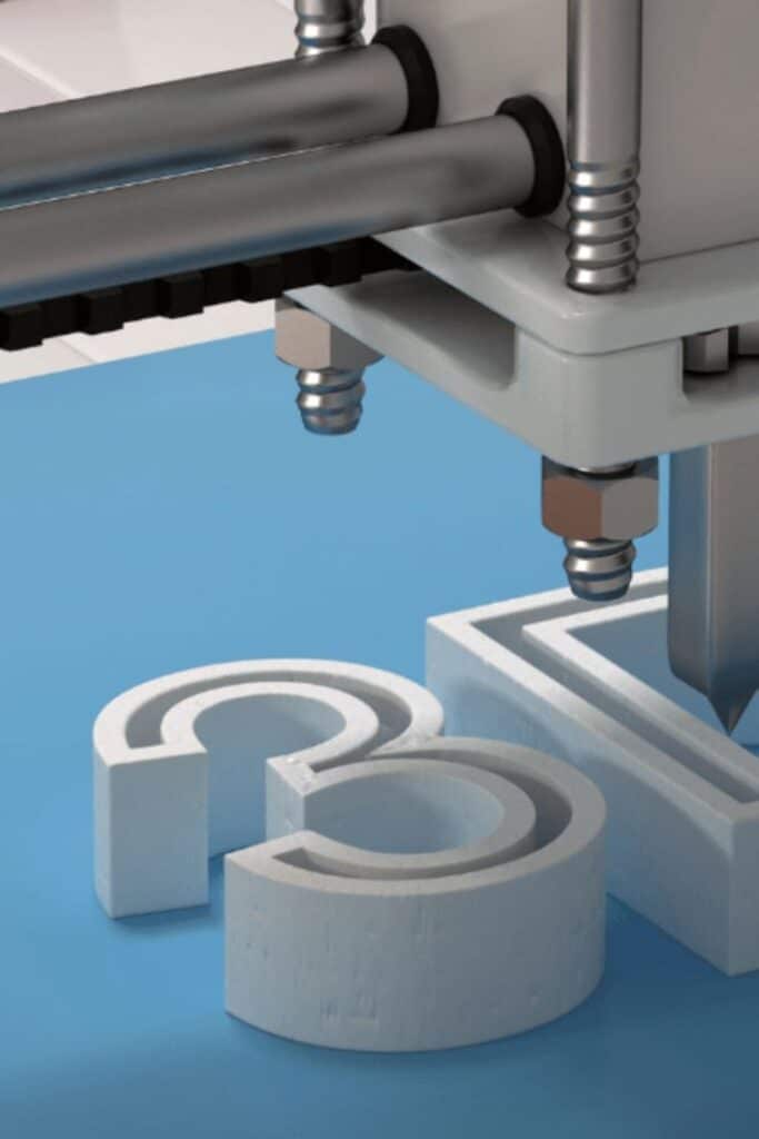 Close-up of a 3D printer fabricating a white number 3 on a blue surface, showcasing precision in additive manufacturing technology.