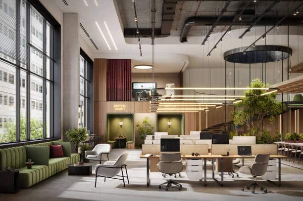 Modern open-plan office with stylish furniture, large windows, and green accents, creating a bright and inviting workspace.