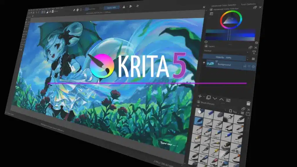 krita5 Digital art in Krita 5 showcasing a colorful anime illustration with painting tools and vibrant design elements on the screen. | Sky Rye Design Digital art in Krita 5 showcasing a colorful anime illustration with painting tools and vibrant design elements on the screen.