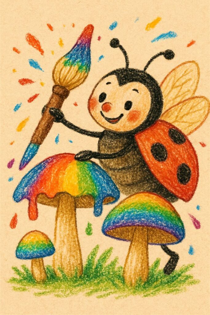 Cartoon ladybug painting rainbow colors on mushrooms with a brush. Vibrant illustration on beige background, ideal for kids' art themes.