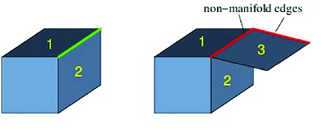 Diagram illustrating non-manifold edges on a 3D model, with numbered sections and highlighted edges in green and red.
