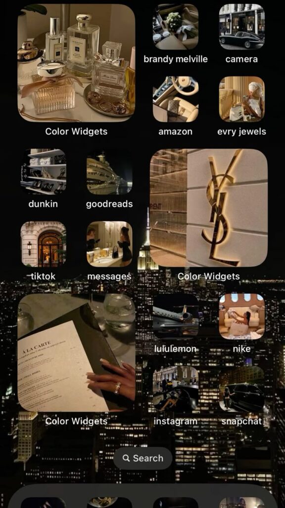 luxury homescreen 💸 Stylish smartphone home screen with lifestyle app icons and luxury-themed widgets, cityscape background. | Sky Rye Design Stylish smartphone home screen with lifestyle app icons and luxury-themed widgets, cityscape background.