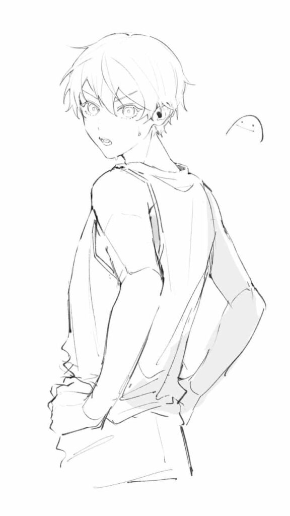 b zdf Anime sketch of a surprised boy looking back with a small creature in the background, pencil drawn illustration. | Sky Rye Design Anime sketch of a surprised boy looking back with a small creature in the background, pencil drawn illustration.