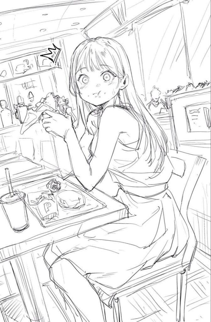 zhzdtfb Anime-style girl eating at fast-food restaurant, holding a burger with a surprised expression. Cozy dining scene. | Sky Rye Design Anime-style girl eating at fast-food restaurant, holding a burger with a surprised expression. Cozy dining scene.