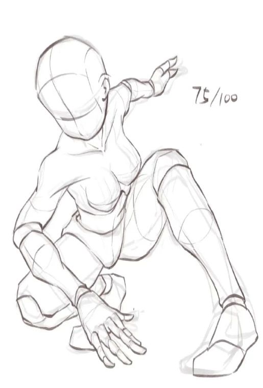 zdgbdfv Dynamic sketch of a humanoid figure in an action pose with perspective lines, labeled 75/100. | Sky Rye Design Dynamic sketch of a humanoid figure in an action pose with perspective lines, labeled 75/100.