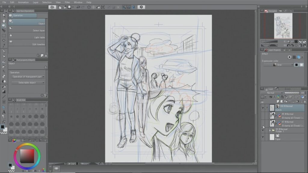 Digital art sketch in progress on graphic software, featuring multiple characters and scenes in pencil.