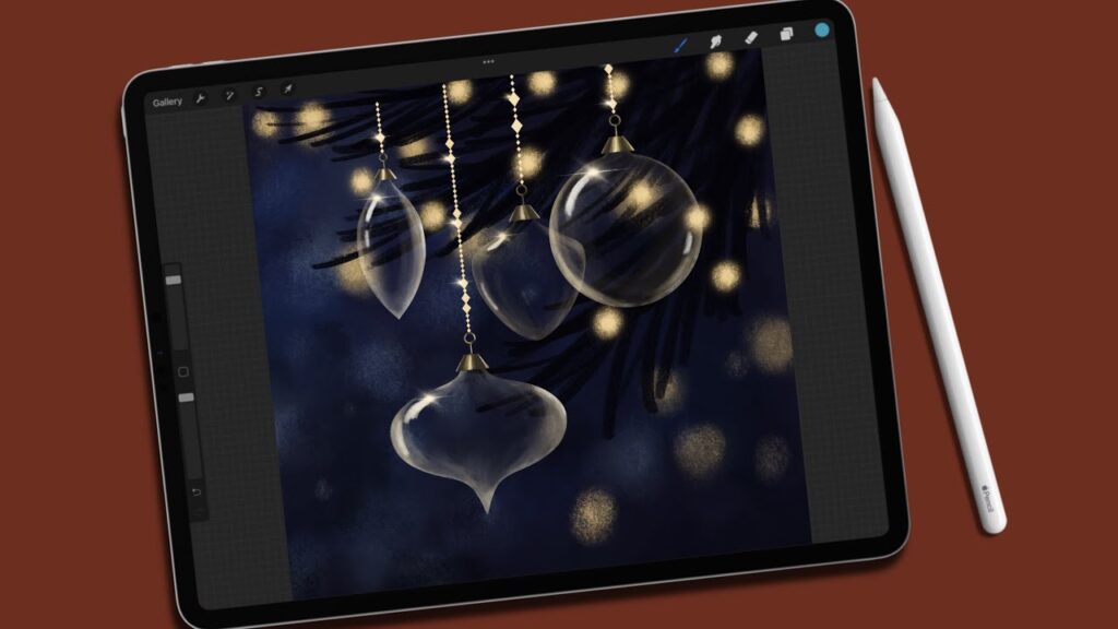 Digital illustration of glass ornaments on a Christmas tree, created on a tablet with stylus on a red background.