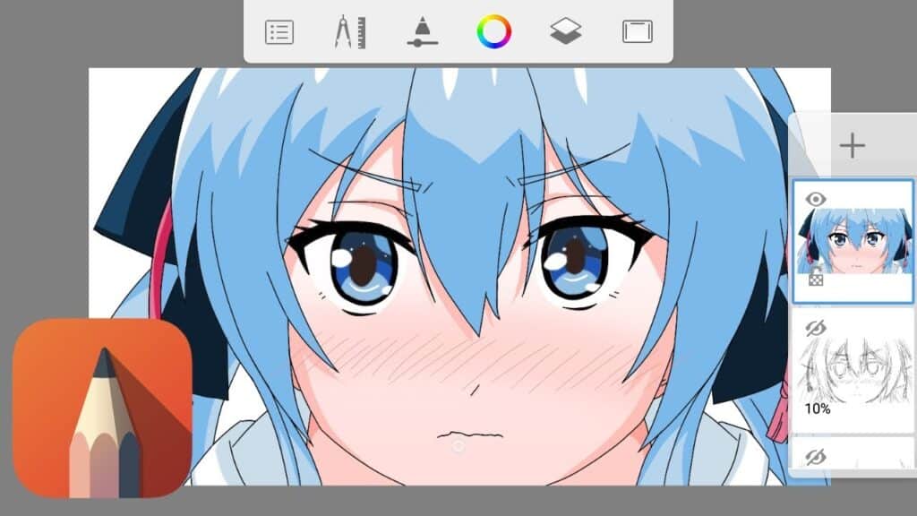 Anime-style character with blue hair and expressive eyes being edited in a drawing app.