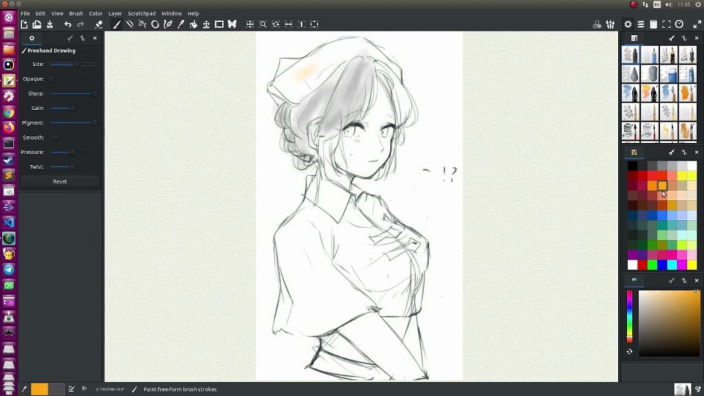 Sketch of a female character in digital art software interface, showing drawing tools and color palette on the screen.