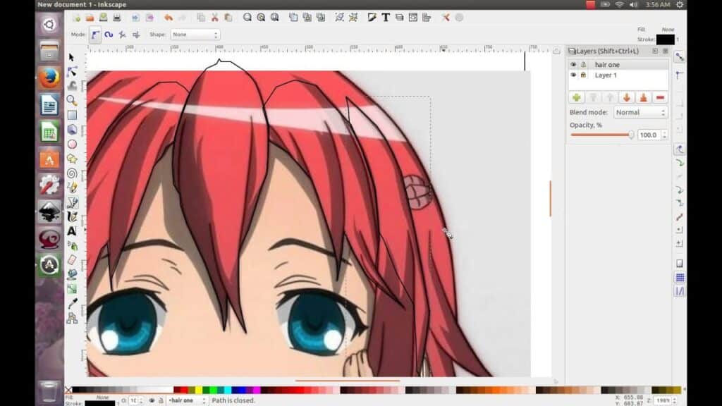 Vector illustration of anime character in Inkscape with red hair and blue eyes, showcasing graphic design tools and layers panel.