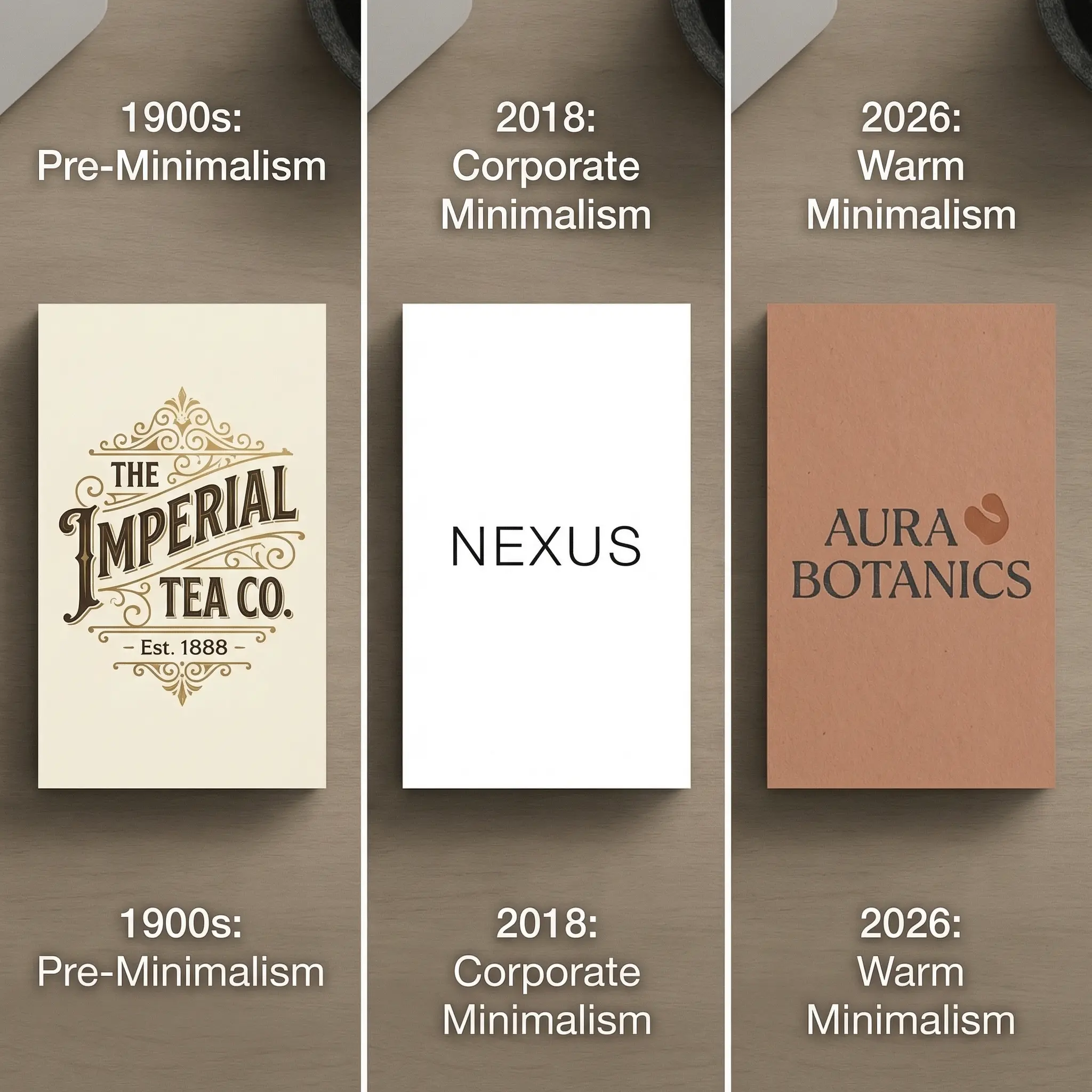 Frame d427321173 Logo design evolution: 1900s ornate 'Imperial Tea Co.', 2018 corporate minimal 'NEXUS', 2026 warm minimal 'Aura Botanics'. | Sky Rye Design Logo design evolution: 1900s ornate 'Imperial Tea Co.', 2018 corporate minimal 'NEXUS', 2026 warm minimal 'Aura Botanics'.
