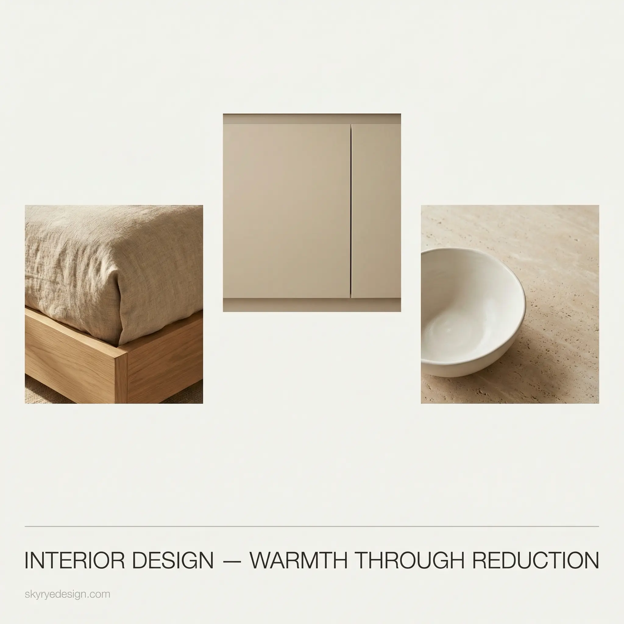 04227712-33e8-4bda-a2e6-537233bfd022 Minimalist interior design collage: neutral palette with linen-covered oak bed frame, matte taupe cabinet, ceramic bowl. | Sky Rye Design Minimalist interior design collage: neutral palette with linen-covered oak bed frame, matte taupe cabinet, ceramic bowl.