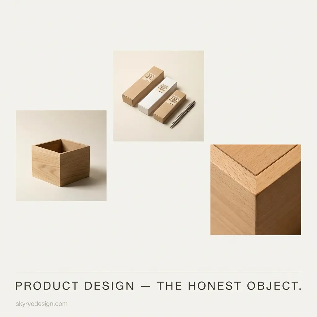 7addd42e-f256-4825-b43b-dcbe39c7b654 Minimal product design: natural oak wooden box and close-up joint, kraft packaging with pens, 'The Honest Object'. | Sky Rye Design Minimal product design: natural oak wooden box and close-up joint, kraft packaging with pens, 'The Honest Object'.