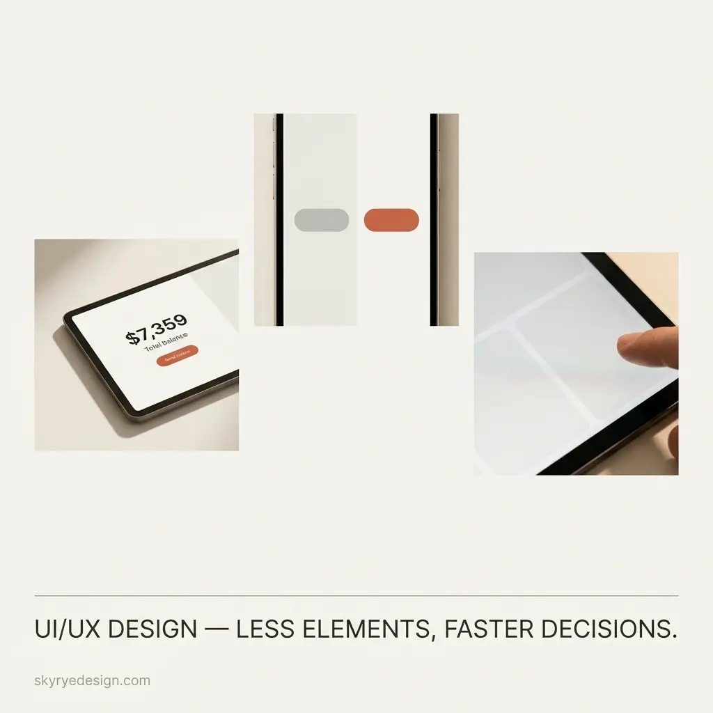 4833a20a-275b-42ea-9860-331d135e02a0 Minimal UI/UX design tablet mockups showing ,359 balance, pill buttons and finger tap — clean interface | Sky Rye Design Minimal UI/UX design tablet mockups showing ,359 balance, pill buttons and finger tap — clean interface