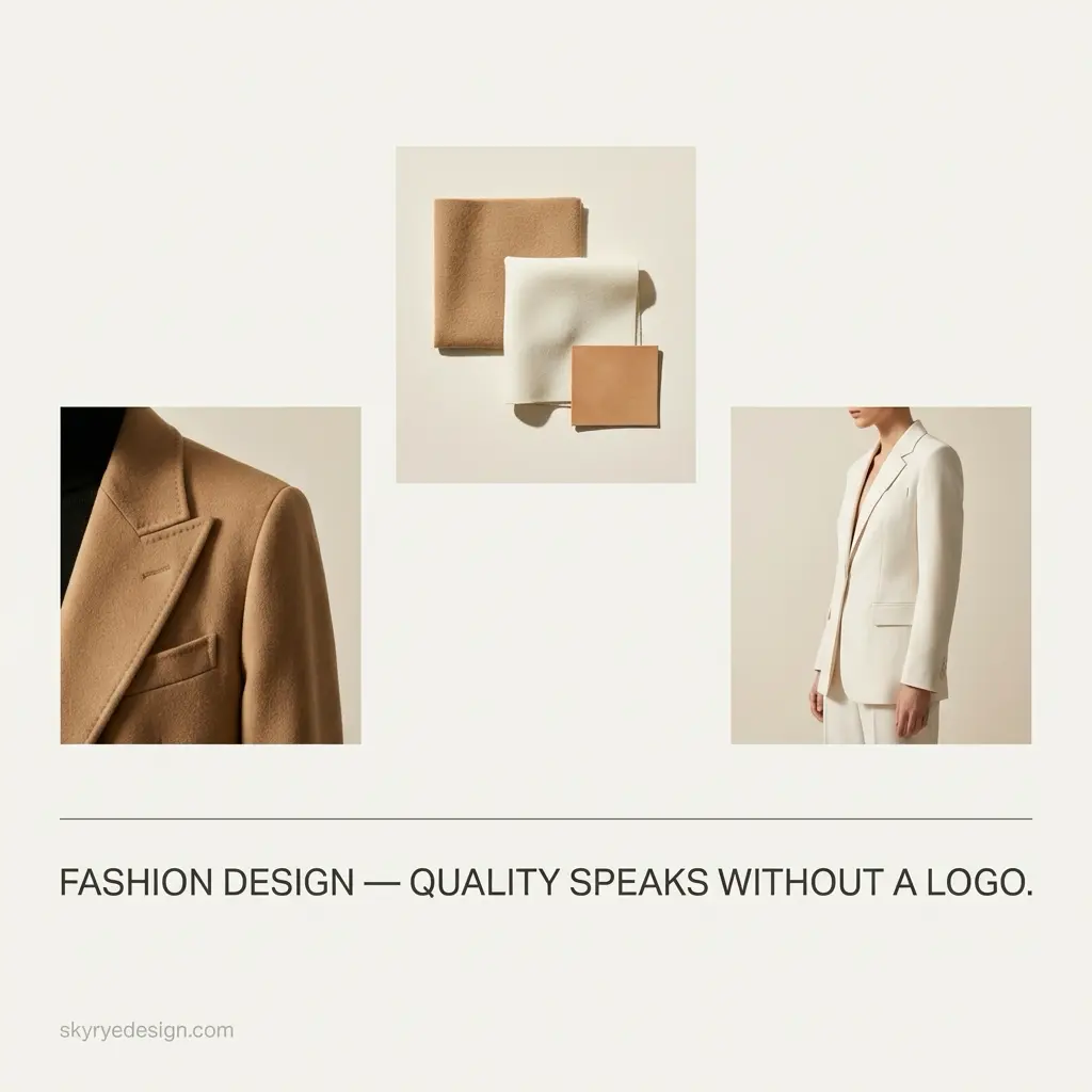 fac4aa51-9cdf-4eb8-b8f5-92a9aaf14195 Camel and ivory tailored blazers with fabric swatches in a minimal fashion layout, tagline Quality speaks without a logo | Sky Rye Design Camel and ivory tailored blazers with fabric swatches in a minimal fashion layout, tagline Quality speaks without a logo