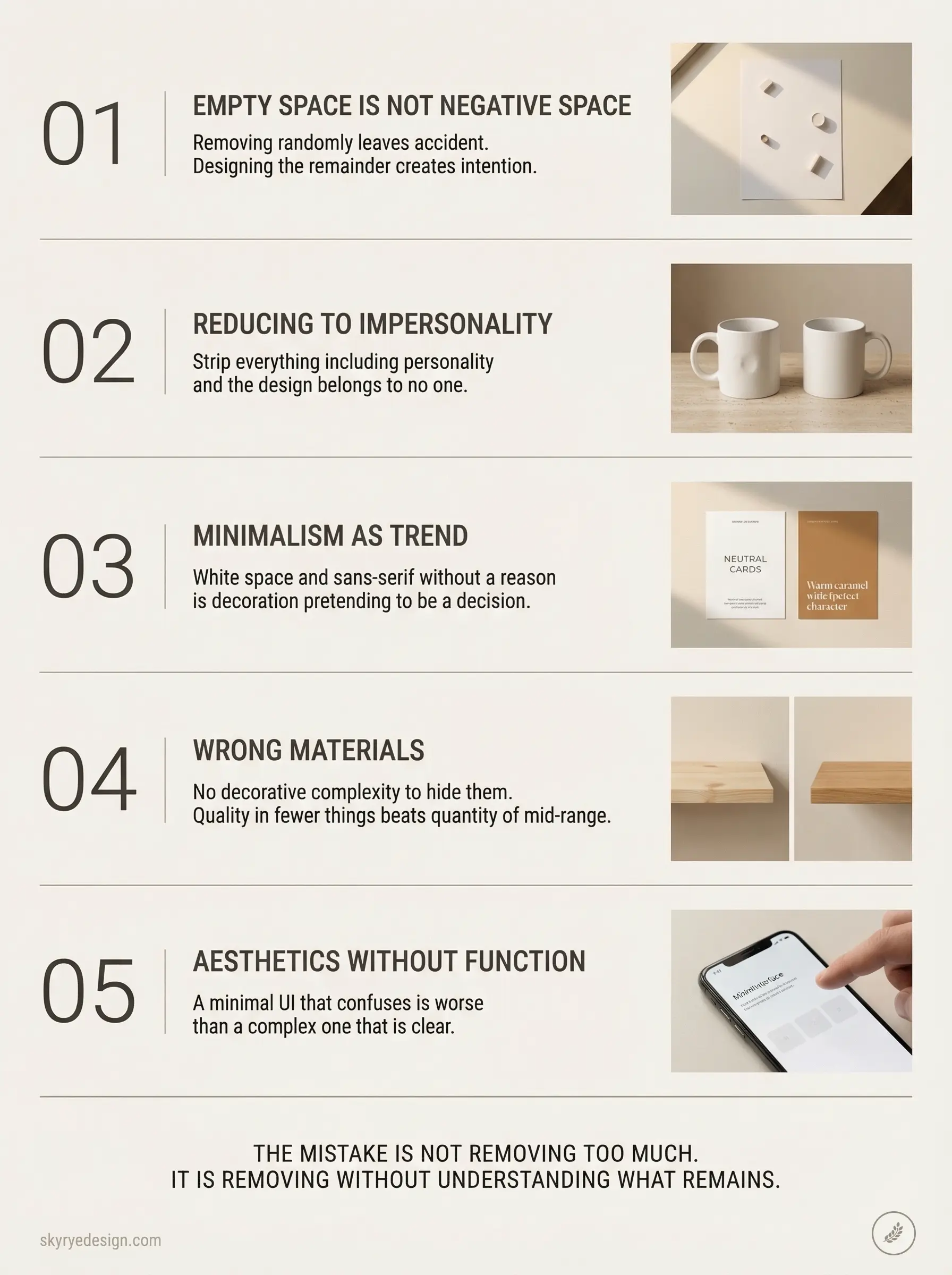Frame 44327321174 Infographic of five minimalist design mistakes: empty space, reducing to impersonality, trend, wrong materials, aesthetics. | Sky Rye Design Infographic of five minimalist design mistakes: empty space, reducing to impersonality, trend, wrong materials, aesthetics.