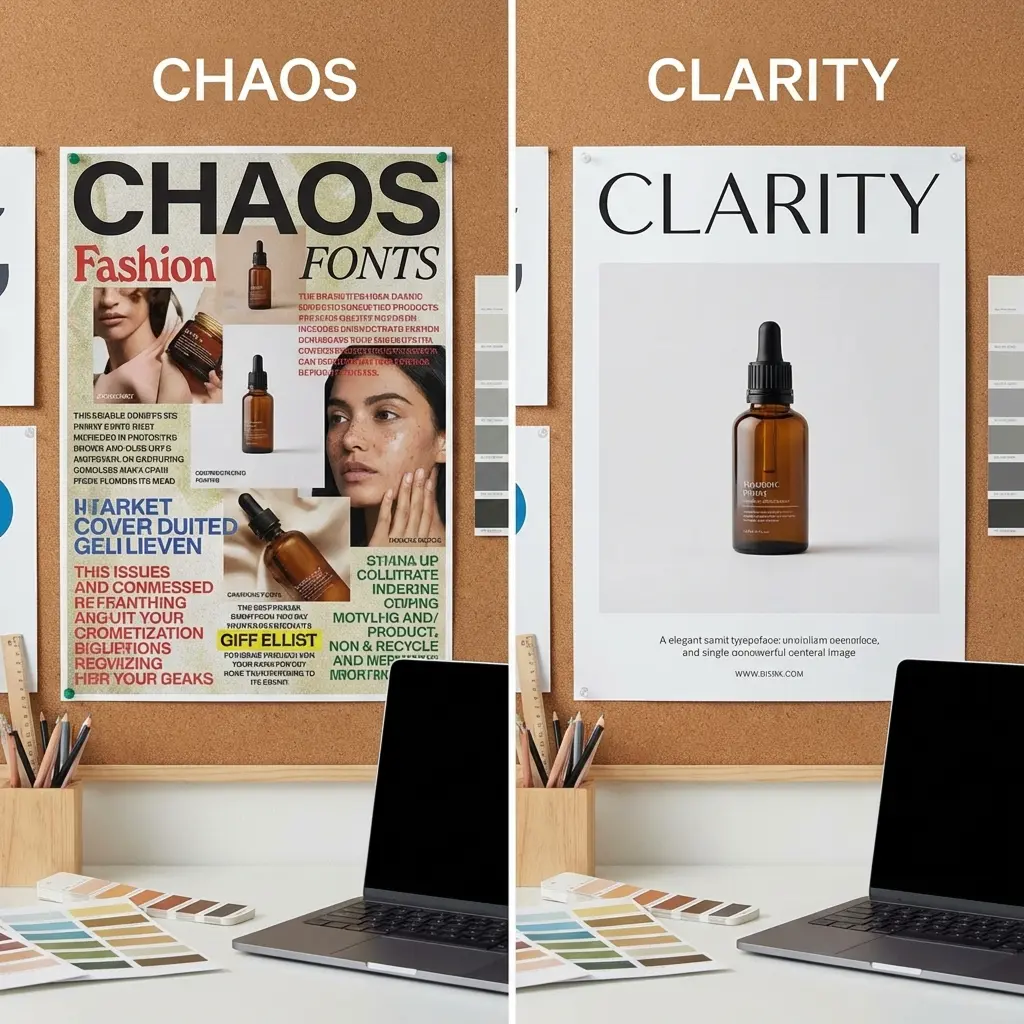 Frame 4273241173 Split image: 'Chaos' busy collage poster vs 'Clarity' minimalist product poster on corkboard above laptop and color swatches | Sky Rye Design Split image: 'Chaos' busy collage poster vs 'Clarity' minimalist product poster on corkboard above laptop and color swatches
