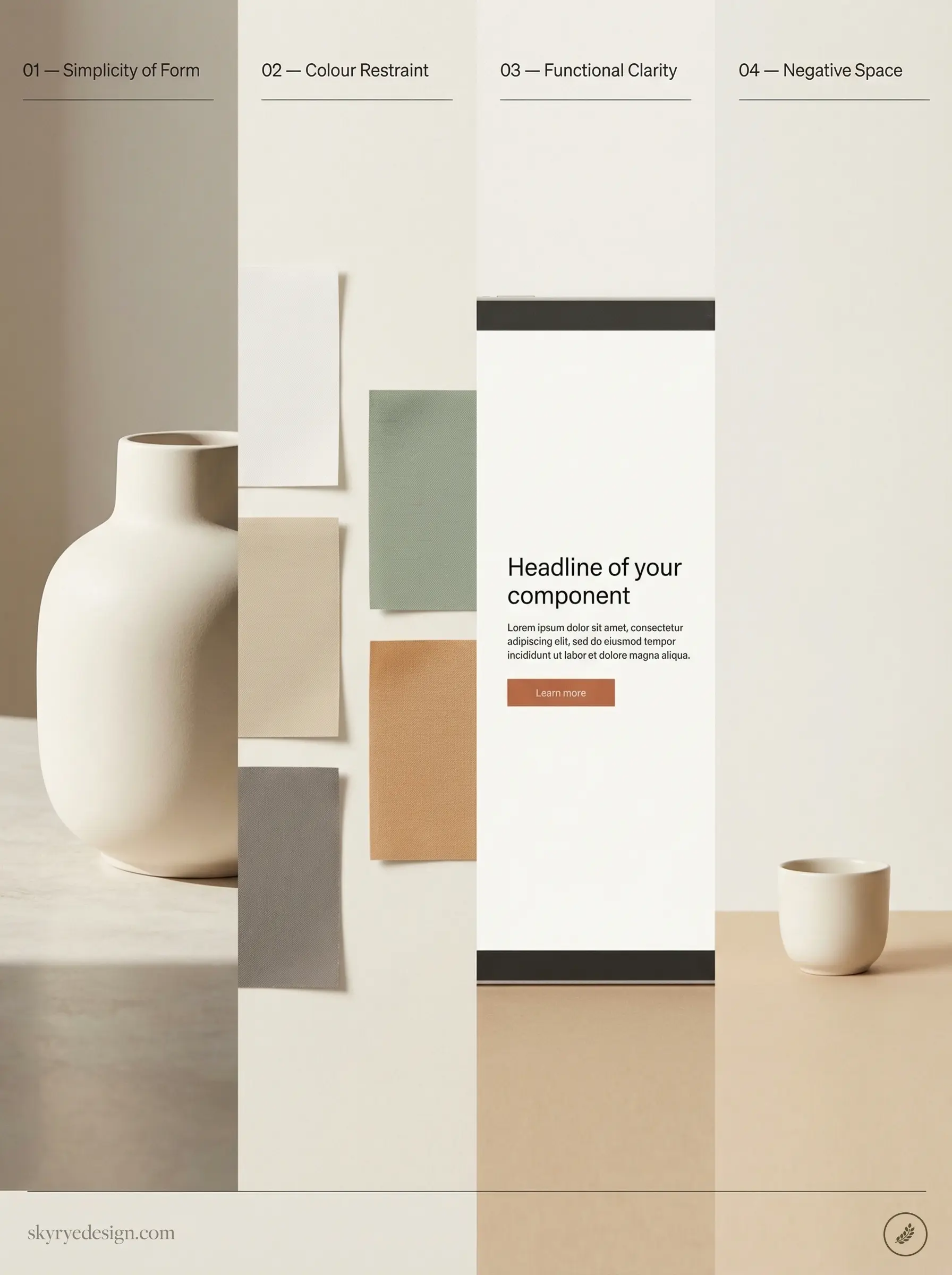 Frame 42732minimalism173 Minimalist design moodboard with neutral color swatches, ceramic vases and a mobile UI component mockup | Sky Rye Design Minimalist design moodboard with neutral color swatches, ceramic vases and a mobile UI component mockup
