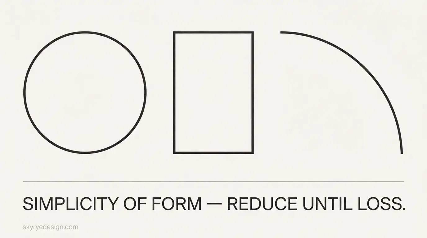 unnamed+-+2026-03-20T020850376 Minimalist poster showing a black circle, rectangle and curved arc above text 'SIMPLICITY OF FORM — REDUCE UNTIL LOSS' | Sky Rye Design Minimalist poster showing a black circle, rectangle and curved arc above text 'SIMPLICITY OF FORM — REDUCE UNTIL LOSS'