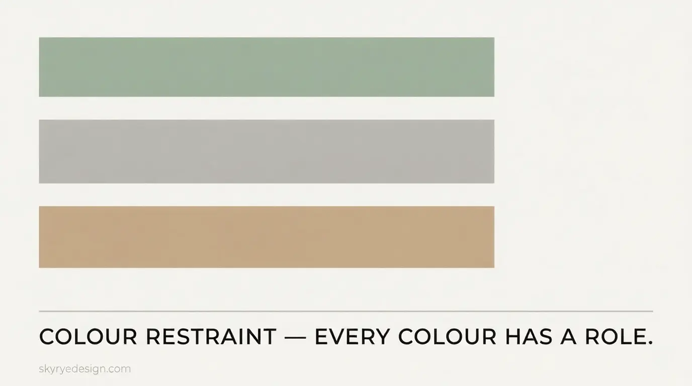 unnamed+-+2026-03-20T021800198 Design poster showing muted green, gray, and tan color bars with headline Colour restraint — Every colour has a role. | Sky Rye Design Design poster showing muted green, gray, and tan color bars with headline Colour restraint — Every colour has a role.