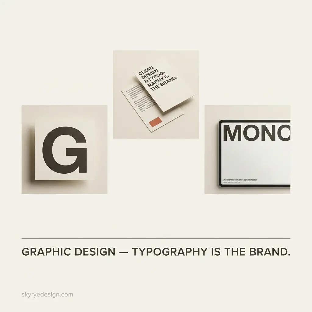 31958fdf-6214-4862-8104-b71889f5c0eb Graphic design branding mockups showcasing typography: 'G' block, folded typographic card, 'MONO' layout. | Sky Rye Design Graphic design branding mockups showcasing typography: 'G' block, folded typographic card, 'MONO' layout.