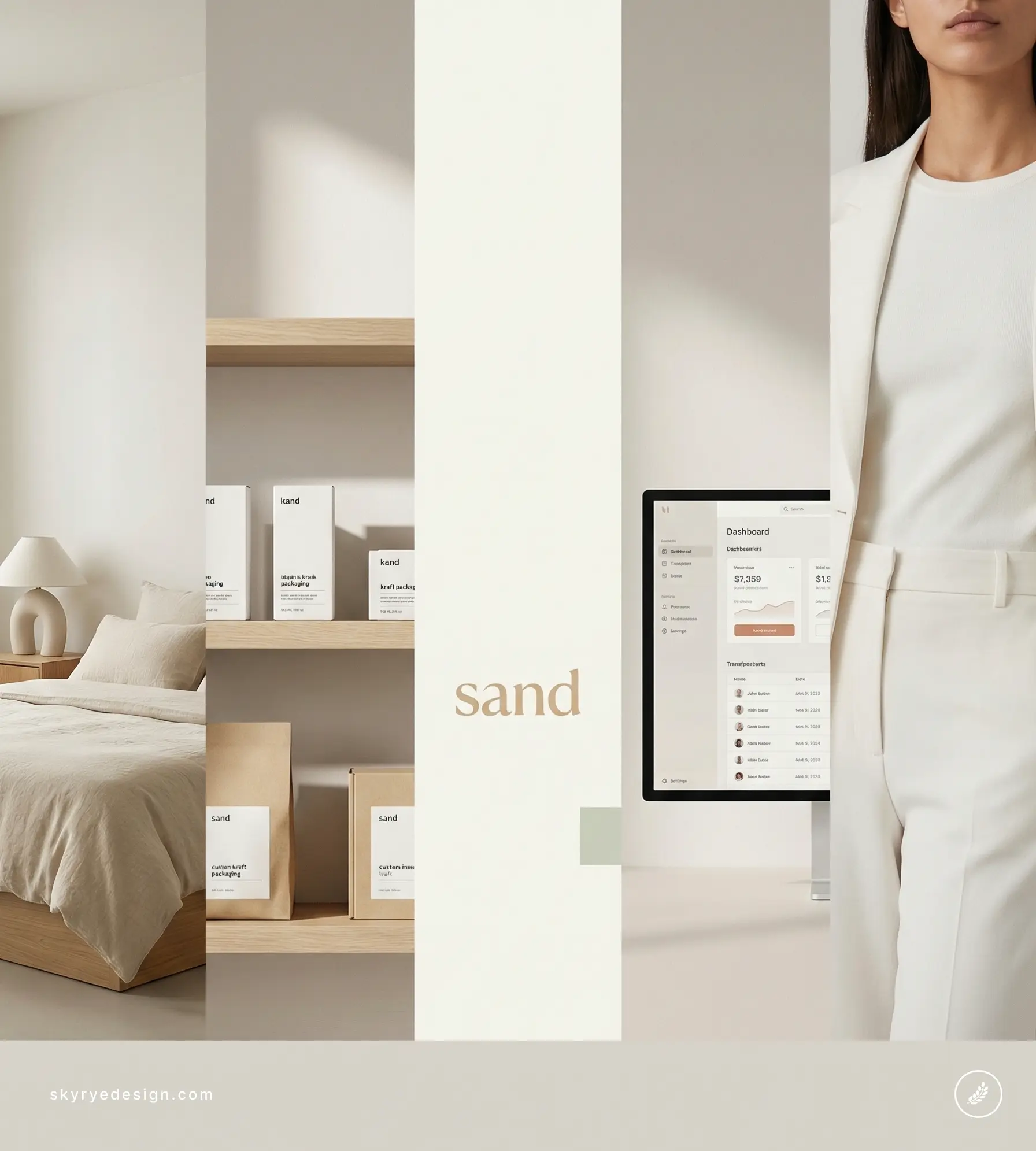 Frame 4274321172 Sand color palette branding mockup with neutral bedroom, product packaging, workspace monitor and cropped model. | Sky Rye Design Sand color palette branding mockup with neutral bedroom, product packaging, workspace monitor and cropped model.