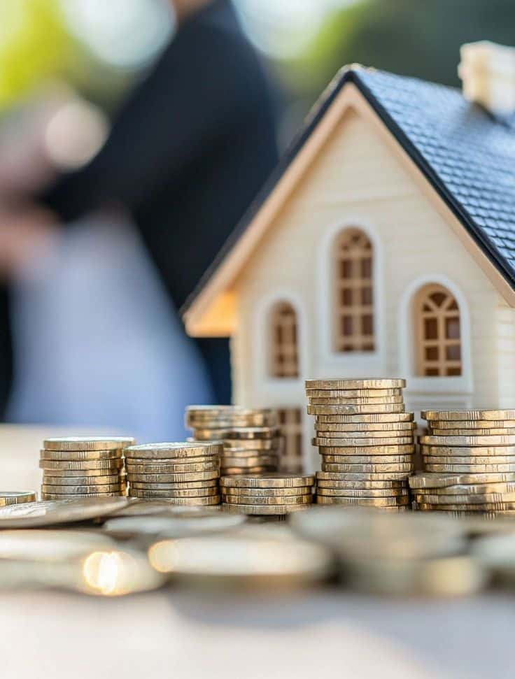 nan Stacks of coins in front of a model house, symbolizing real estate investment and financial growth opportunities. | Sky Rye Design Stacks of coins in front of a model house, symbolizing real estate investment and financial growth opportunities.