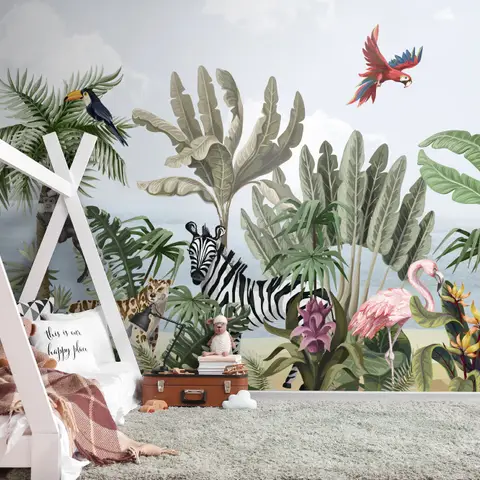 ofd000043-1_1_1 Jungle-themed children's room with zebra, toucan, flamingo, parrot, and lush greenery wall mural. | Sky Rye Design Jungle-themed children's room with zebra, toucan, flamingo, parrot, and lush greenery wall mural.