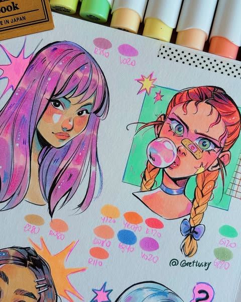 Colorful anime-style illustrations featuring two expressive characters, surrounded by color swatches and markers. Art by Grestusky.