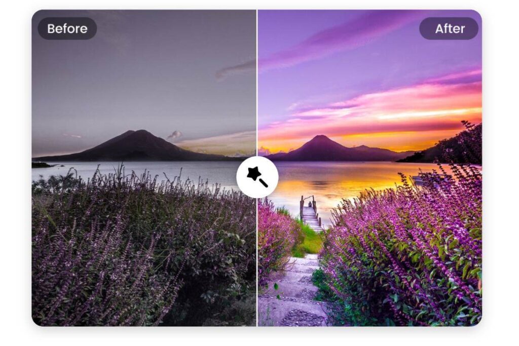 Before and after image of a lakeside view, highlighting vibrant colors and enhanced landscape contrast at sunset.